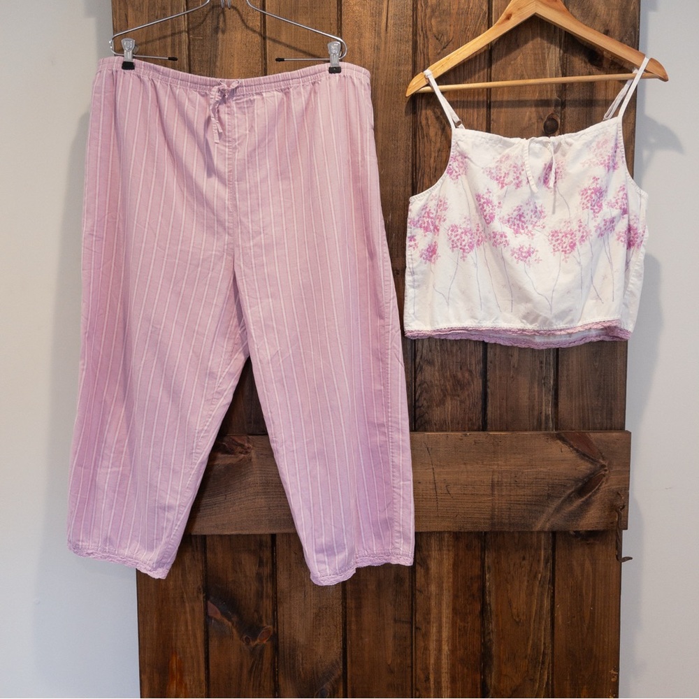 Coton D'or Cottagecore Stripe & Floral Stamp Crochet Trim Cotton Pajama Set XL